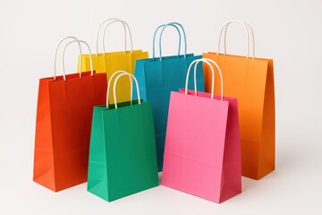 Collection of Brightly Colored Paper Shopping Bags with Handles Stacked or Arranged Neatly Isolated or on a Light Background