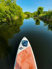 A paddle board gently floats on a serene, still river, beautifully surrounded by lush green trees, creating a picturesque scene that perfectly embodies the tranquility and peace of nature