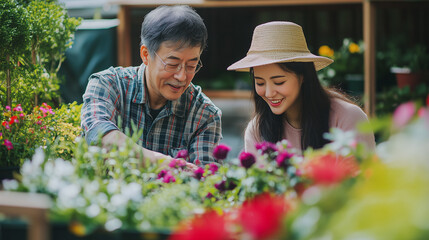 Summer Garden & Outdoor Living - Couple gardening together, planting flowers, relaxing on outdoor furniture in a well-maintained garden