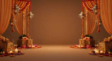 Vibrant Indian Wedding Stage Decor  Orange and Gold Theme, Festive Mandap Design