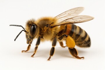 Detailed Macro Shot of a Honey Bee Walking on a Pure White Background Isolated for Biological Study or Design