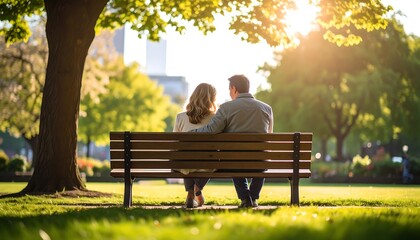 Couple sitting park bench sunset.