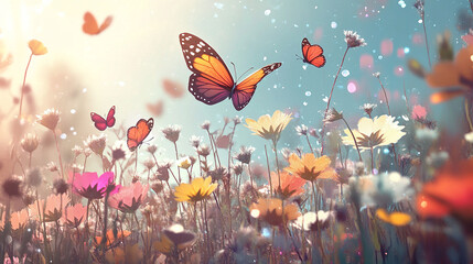 A landscape artist painting a field of flowers with butterflies