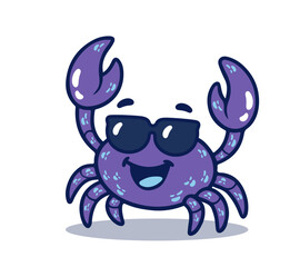 Cute cartoon purple crab with sunglasses, smiling and waving claws, summer beach vibe. Vector flat illustration.
	
