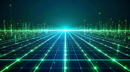 Dynamic energy grid expanding across a virtual space, neon lines pulsating with data flow, symbolizing next-gen power solutions 