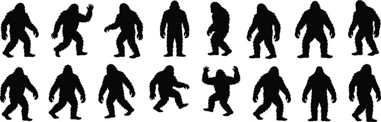Collection of Bigfoot silhouettes in various walking and standing poses, vector set, isolated on white background for use flat vector illustration