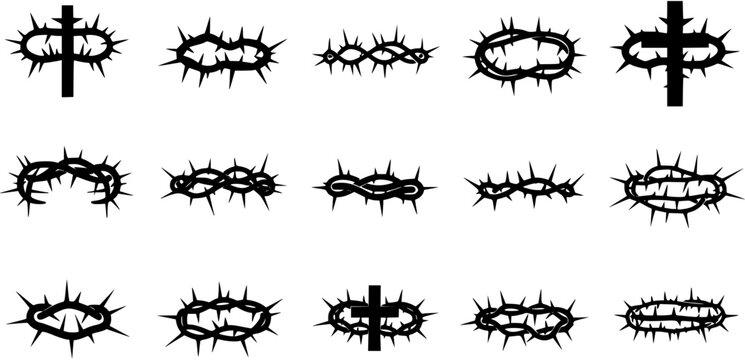 set of Crown of thorns icons set. Black silhouette of a crown made of thorns. Christian symbol.

