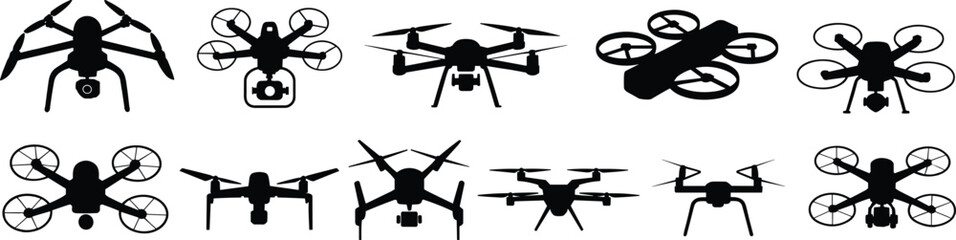 Collection of black silhouettes of various quadcopter drones with camera, front, back, and side views for technology, aviation, and photography use flat vector illustration