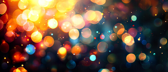 Abstract shimmering background with a mesmerizing blend of colorful bokeh lights. Tiny sparkling particles and a soft glow create a magical, festive vibes.