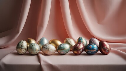 Elegantly decorated Easter eggs arranged on a pink satin fabric.