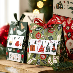 Christmas DIY advent calendar. beautifully designed gift boxes with gold ribbons, adorned with winter motifs. A cozy holiday scene.	