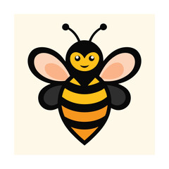 Charming cartoon bee smiling with yellow and black stripes and wings on a light beige background
