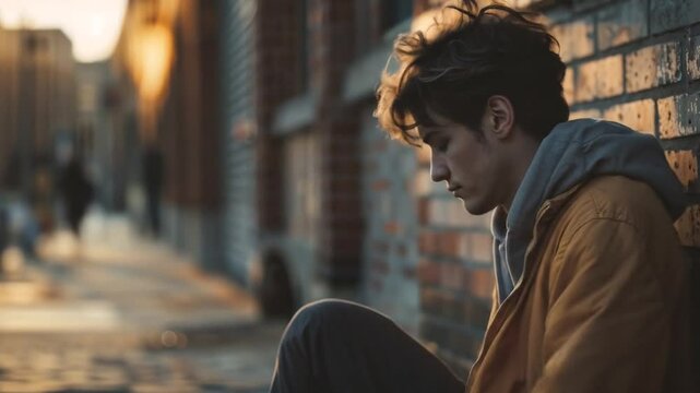 Young homeless man, unkempt and bundled against the cold, sits on a city street, his gaze revealing desperation and despair. Futureless, unemployed and homeless youth with studies