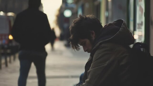 Hunched young man sitting alone on a dimly lit urban street, his silhouette conveying a sense of loneliness, isolation, and lack of direction. Homeless unemployed teenager futureless