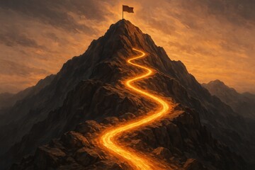 Glowing Path or Trail Winding Up a Mountain to a Summit with a Flag Planted Symbolizing Success Achievement and Reaching Goals