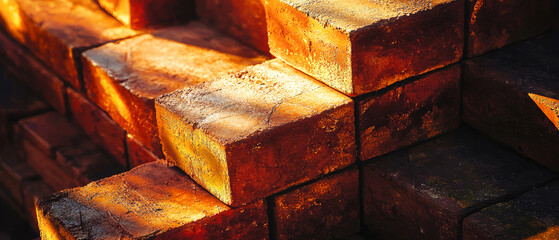 Close-up of stacked red bricks with golden shimmer textures and warm lighting. Industrial construction material, abstract backgrounds, architecture, masonry, or building design concepts.	

