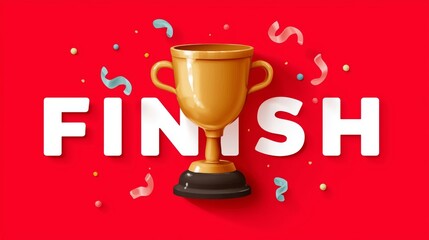 Victory Trophy with Finish Text and Confetti