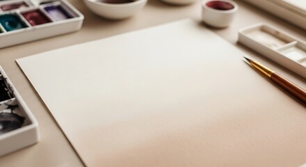Watercolor Painting Workspace with Blank Paper Ready for Artistic Creation