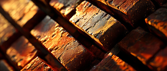 Close-up of stacked red bricks with golden shimmer textures and warm lighting. Industrial construction material, abstract backgrounds, architecture, masonry, or building design concepts.	
