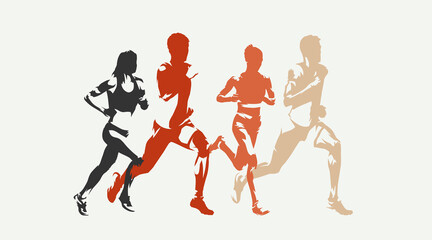Athletics, track and field runners, group of running men and women. Set of abstract isolated vector silhouettes. Ink drawing