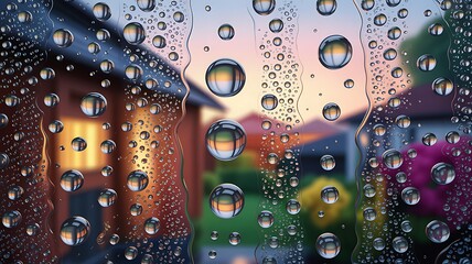 Water droplets on a window pane, blurring the sunset view of houses and gardens.
