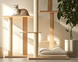 Cat resting on a modern cat tree with multiple platforms, placed in a bright living room with large windows and sheer curtains.