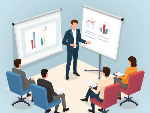 Isometric illustration of business training class teacher in front of a screen, audience in chairs, room setup