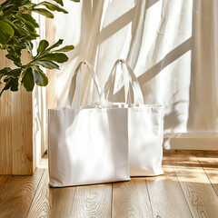 Minimal mockup with blank white tote bag on a cozy wooden floor with trendy potted plant bathed in soft natural light. Eco-friendly designs, branding, or artwork	