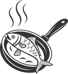 
This collection of black and white illustrations depicts a fish being cooked in a frying pan, with steam rising from it.