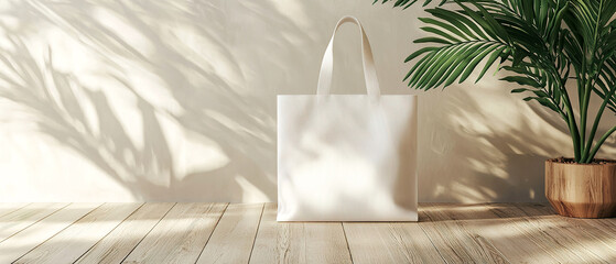 Minimal mockup with blank white tote bag on a cozy wooden floor with trendy potted plant bathed in soft natural light. Eco-friendly designs, branding, or artwork	