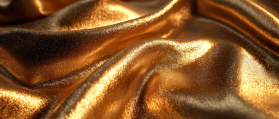 Close-up of luxurious silk golden fabric with a smooth, wavy texture and a glossy, shimmering surface, illuminated by soft, warm lighting, exuding elegance and richness.	