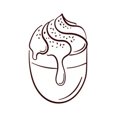 Line art style illustration of a coffee cup with whipped cream and cinnamon. Perfect for cafe menu, packaging, bakery branding or food design element on white background.