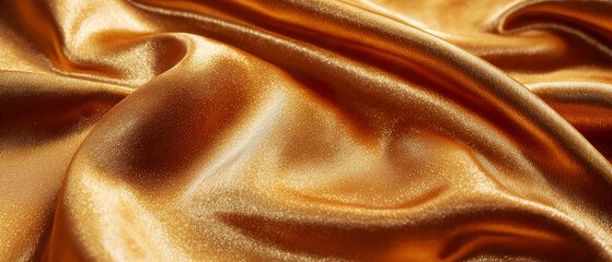 Close-up of luxurious silk golden fabric with a smooth, wavy texture and a glossy, shimmering surface, illuminated by soft, warm lighting, exuding elegance and richness.	