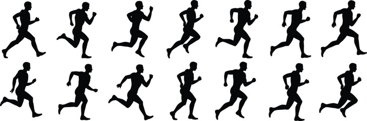 Set of running silhouette figures, male athletes in different dynamic running poses, black vector illustrations, isolated on transparent background flat vector illustration