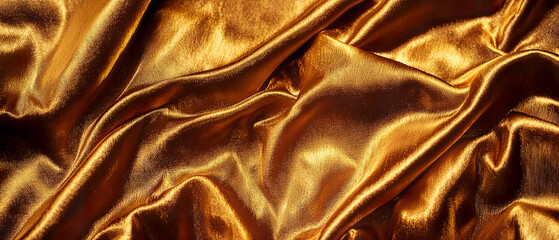 Close-up of luxurious silk golden fabric with a smooth, wavy texture and a glossy, shimmering surface, illuminated by soft, warm lighting, exuding elegance and richness.	