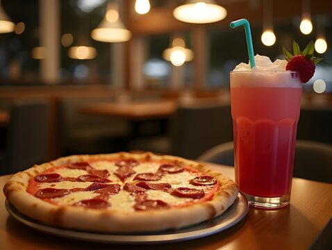 Enjoying a delicious pizza and refreshing raspberry milkshake at a cozy dining setting in the evening