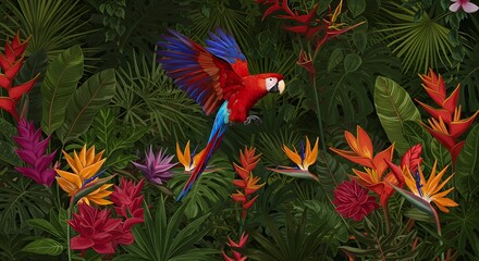 Scarlet macaw in a vivid jungle setting, surrounded by oversized tropical flowers and richly detailed leaves. Bold, saturated colors give the scene a lively, almost surreal artistic flair.