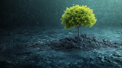 Lush Green Tree Growing from Dark Soil in Dim Light Background