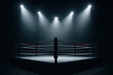 Professional Boxing Ring Centered Under Bright Spotlights in a Dark Arena Awaiting a Championship Fight