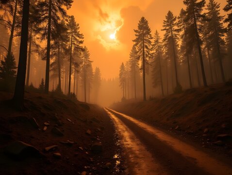 Dramatic Wildfire Devastation in Forested Neighborhood Landscape