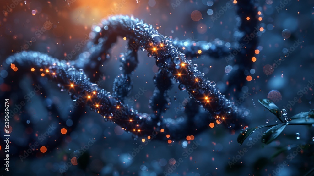 Poster a captivating close-up of a dna double helix adorned with sparkling water droplets, merging science 