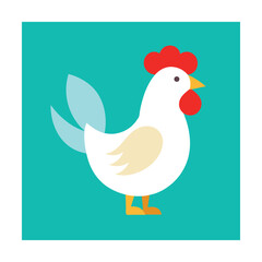 Simple flat design illustration of a white rooster with red comb and wattles on teal background