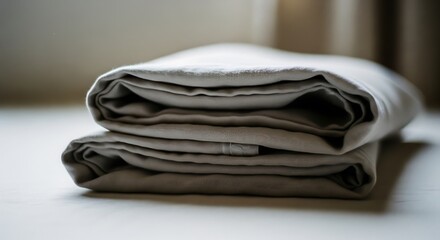 Folded Bed Sheets Stacked Neatly on Bed Ready for Use