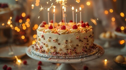 A beautifully decorated birthday cake adorned with sparklers and fresh berries, radiating joy and celebration, perfect for marking special moments in life with family and friends.