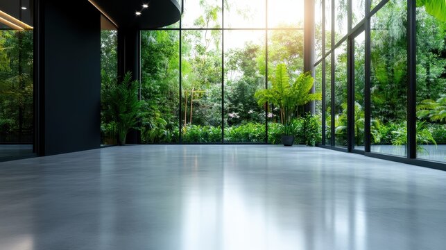 A bright and spacious modern indoor garden featuring lush greenery and large windows that invite natural light, reflecting tranquility and a connection with nature.