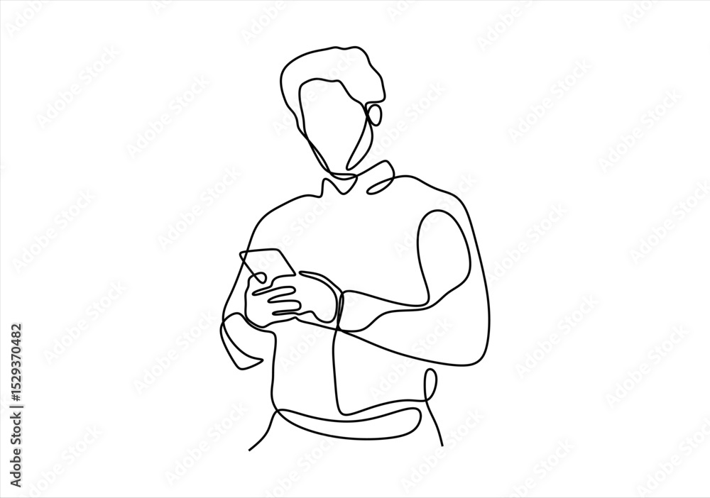 Poster man using a smartphone in a continuous line drawing