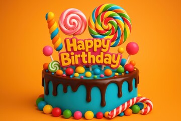 Whimsical Birthday Cake with Bright Blue Frosting Dripping Chocolate Ganache and Adorned with Colorful Candies and Sweets 3D Render