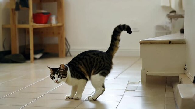 Slow-motion of a cat jumping down from a high surface