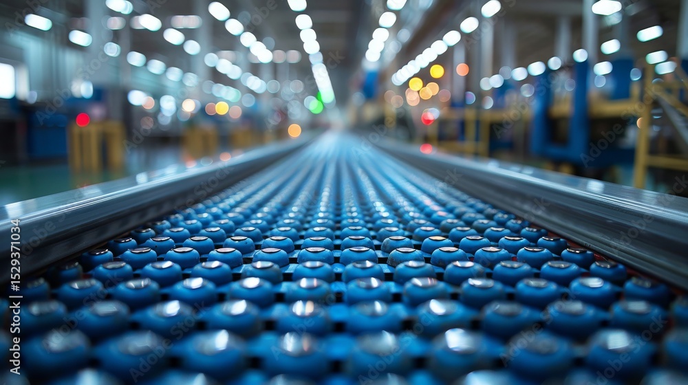 Poster a close-up view of an industrial conveyor belt showcasing rows of blue rollers, highlighting the eff
