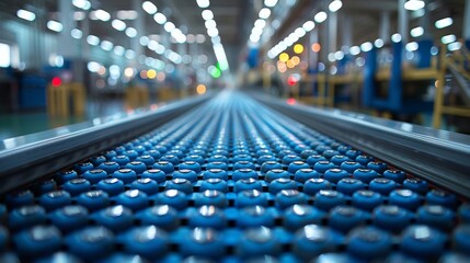 A close-up view of an industrial conveyor belt showcasing rows of blue rollers, highlighting the efficiency and automation in manufacturing environments with vibrant bokeh lights.